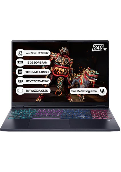 Predator Helios Neo 16S NH.QZFEY.002 Core Ultra 9 275HX 16GB 1tb SSD RTX5070-115W 16" Wqxga 240Hz Dos Taşınabilir Bilgisayar