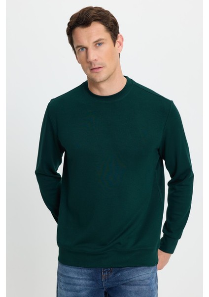 Erkek Relax Fit Rahat Kesim Uzun Kollu Ekstra Yumuşak bisiklet Yaka Yeşil Sweatshirt