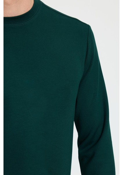 Erkek Relax Fit Rahat Kesim Uzun Kollu Ekstra Yumuşak bisiklet Yaka Yeşil Sweatshirt