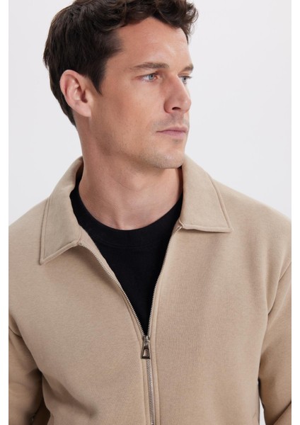 Unisex Relax Fit Rahat Kesim Pamuklu Içi Polarlı Fermuarlı Koyu Bej Polo Yaka Flato Cepli Sweatshirt Hırka fiyatları