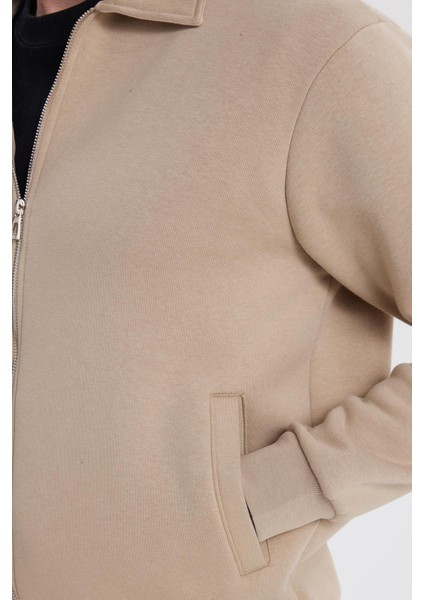 Unisex Relax Fit Rahat Kesim Pamuklu Içi Polarlı Fermuarlı Koyu Bej Polo Yaka Flato Cepli Sweatshirt Hırka modelleri