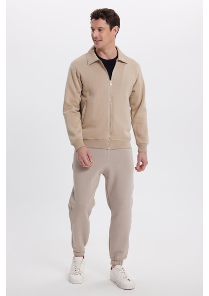 Unisex Relax Fit Rahat Kesim Pamuklu Içi Polarlı Fermuarlı Koyu Bej Polo Yaka Flato Cepli Sweatshirt Hırka fırsatları