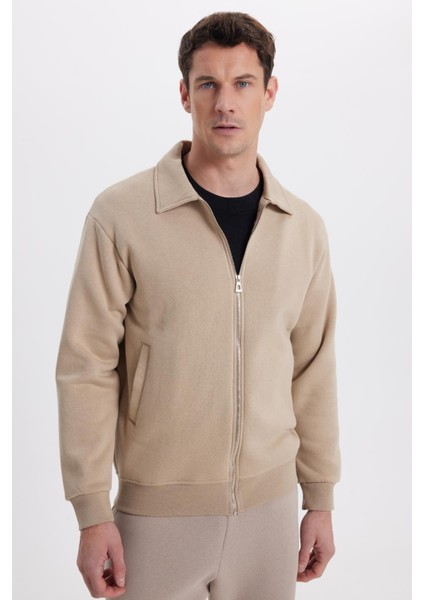 Unisex Relax Fit Rahat Kesim Pamuklu Içi Polarlı Fermuarlı Koyu Bej Polo Yaka Flato Cepli Sweatshirt Hırka indirimleri