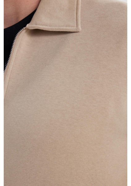 Unisex Relax Fit Rahat Kesim Pamuklu Içi Polarlı Fermuarlı Koyu Bej Polo Yaka Flato Cepli Sweatshirt Hırka