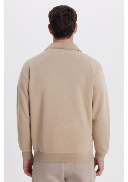 Unisex Relax Fit Rahat Kesim Pamuklu Içi Polarlı Fermuarlı Koyu Bej Polo Yaka Flato Cepli Sweatshirt Hırka