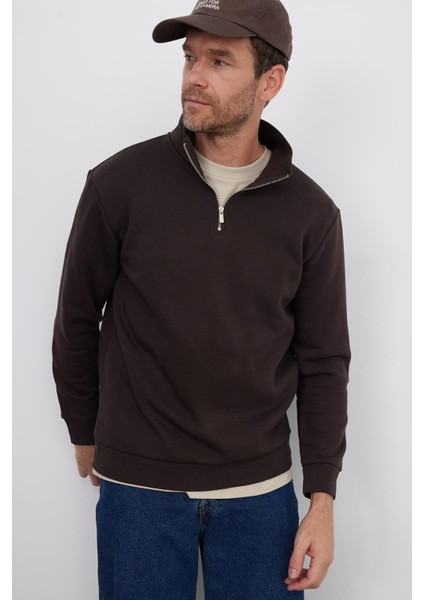Unisex Relax Fit Rahat Kesim Pamuklu Içi Polarlı Yarım Fermuarlı Kahverengi Dik Yaka Sweatshirt