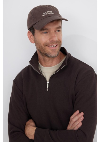 Unisex Relax Fit Rahat Kesim Pamuklu Içi Polarlı Yarım Fermuarlı Kahverengi Dik Yaka Sweatshirt fiyatları