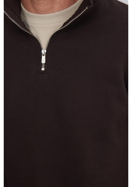 Unisex Relax Fit Rahat Kesim Pamuklu Içi Polarlı Yarım Fermuarlı Kahverengi Dik Yaka Sweatshirt modelleri