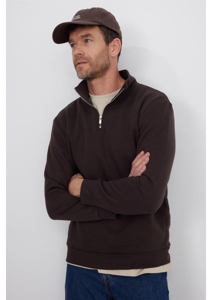 Unisex Relax Fit Rahat Kesim Pamuklu Içi Polarlı Yarım Fermuarlı Kahverengi Dik Yaka Sweatshirt fırsatları