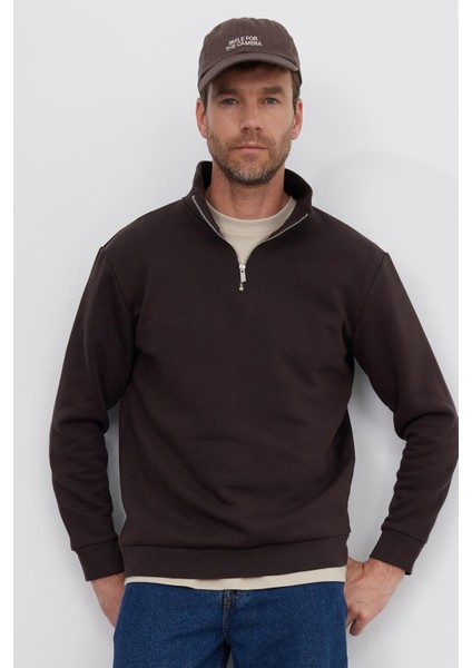 Unisex Relax Fit Rahat Kesim Pamuklu Içi Polarlı Yarım Fermuarlı Kahverengi Dik Yaka Sweatshirt indirimleri