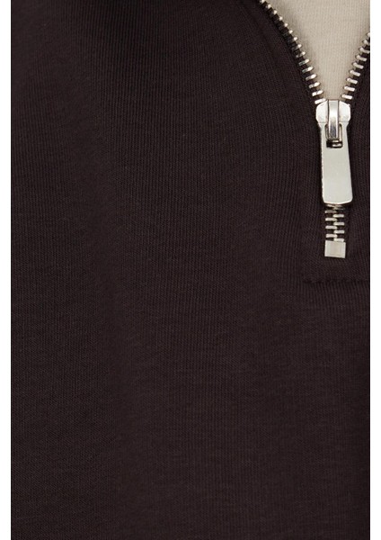 Unisex Relax Fit Rahat Kesim Pamuklu Içi Polarlı Yarım Fermuarlı Kahverengi Dik Yaka Sweatshirt