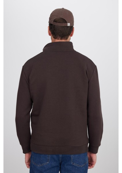 Unisex Relax Fit Rahat Kesim Pamuklu Içi Polarlı Yarım Fermuarlı Kahverengi Dik Yaka Sweatshirt
