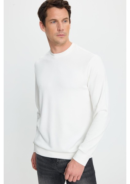 Erkek Relax Fit Rahat Kesim Uzun Kollu Ekstra Yumuşak Bisiklet Yaka Ekru Sweatshirt