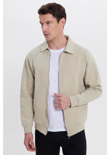 Unisex Relax Fit Rahat Kesim Pamuklu Içi Polarlı Fermuarlı Taş Polo Yaka Flato Cepli Sweatshirt Hırka