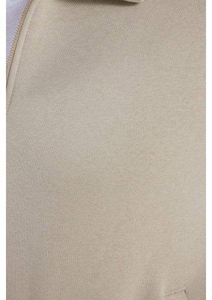 Unisex Relax Fit Rahat Kesim Pamuklu Içi Polarlı Fermuarlı Taş Polo Yaka Flato Cepli Sweatshirt Hırka