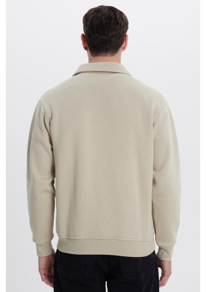 Unisex Relax Fit Rahat Kesim Pamuklu Içi Polarlı Fermuarlı Taş Polo Yaka Flato Cepli Sweatshirt Hırka