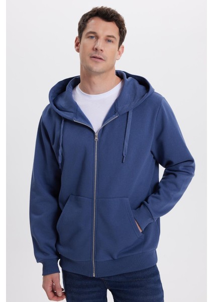 Unisex Relax Fit Rahat Kesim Pamuklu Içi Polarlı Çift Cepli Tam Fermuarlı Indigo Kapüşonlu Sweatshirt