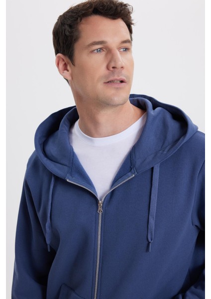 Unisex Relax Fit Rahat Kesim Pamuklu Içi Polarlı Çift Cepli Tam Fermuarlı Indigo Kapüşonlu Sweatshirt fiyatları