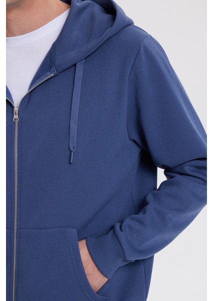 Unisex Relax Fit Rahat Kesim Pamuklu Içi Polarlı Çift Cepli Tam Fermuarlı Indigo Kapüşonlu Sweatshirt modelleri