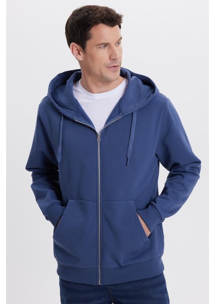 Unisex Relax Fit Rahat Kesim Pamuklu Içi Polarlı Çift Cepli Tam Fermuarlı Indigo Kapüşonlu Sweatshirt indirimleri