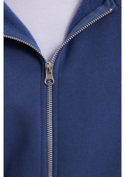 Unisex Relax Fit Rahat Kesim Pamuklu Içi Polarlı Çift Cepli Tam Fermuarlı Indigo Kapüşonlu Sweatshirt