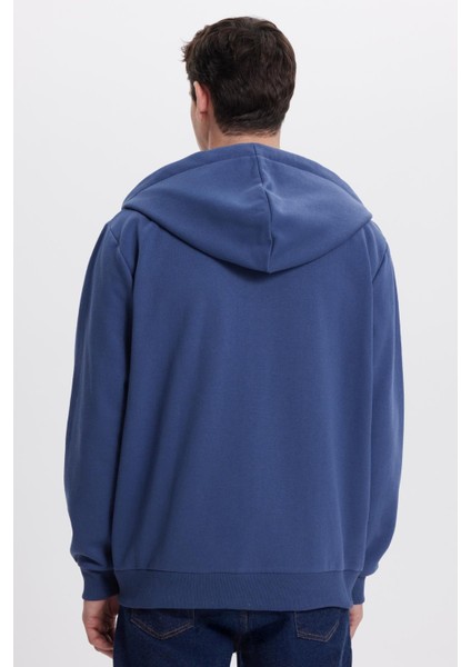 Unisex Relax Fit Rahat Kesim Pamuklu Içi Polarlı Çift Cepli Tam Fermuarlı Indigo Kapüşonlu Sweatshirt