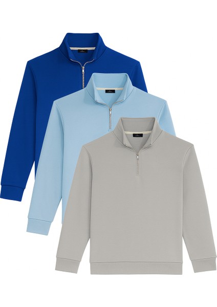 Unisex 3'lü Paket Taş-Mavi-Saks Mavi Relax Fit Pamuklu Yarım Fermuarlı Dik Yaka Sweatshirt