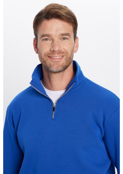 Unisex 3'lü Paket Taş-Mavi-Saks Mavi Relax Fit Pamuklu Yarım Fermuarlı Dik Yaka Sweatshirt fiyatları