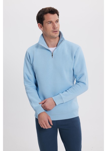 Unisex 3'lü Paket Taş-Mavi-Saks Mavi Relax Fit Pamuklu Yarım Fermuarlı Dik Yaka Sweatshirt modelleri