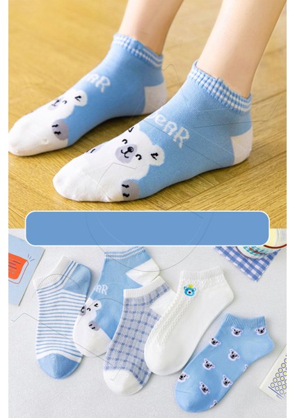 5 Çift Mavi Bear Çizgili Kısa Çorap KC151020