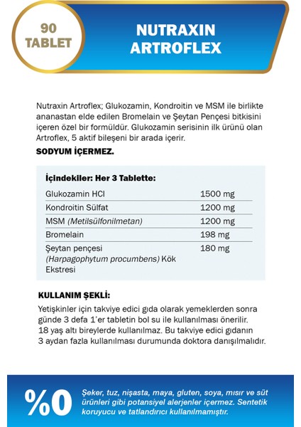 Artroflex 90 Tablet - Glukozamin, Kondroitin, MSM, Bromenlin ve Şeytan Pençesi İçeren Takviye Edici Gıda fiyatları