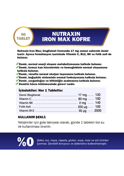 Iron Max 17 Mg 90 Tablet Avantajlı Paket - Gentle Iron, Vitamin C, B12, B6 fiyatları
