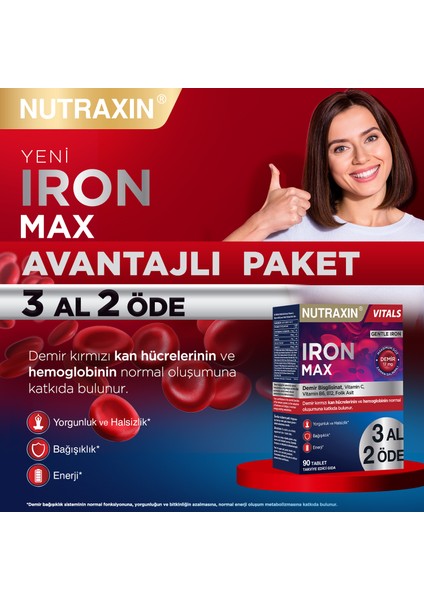 Iron Max 17 Mg 90 Tablet Avantajlı Paket - Gentle Iron, Vitamin C, B12, B6 fırsatları