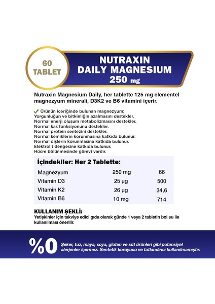 Magnezyum Daily Energy 250 Mg 60 Tablet - Magnesium, D3, K2, B6 fiyatları