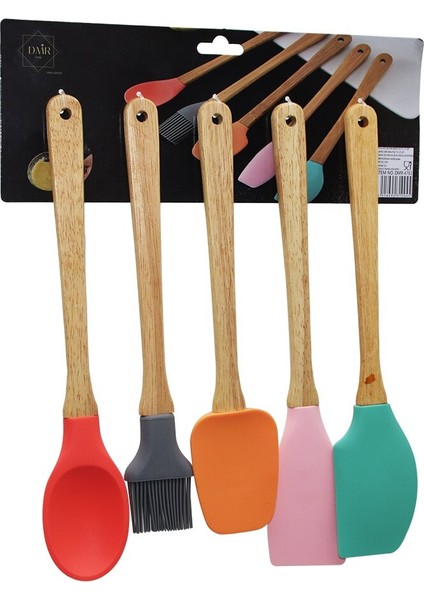 5 Parça Ahşap Sapli Büyük Renkli̇ Si̇li̇kon Mutfak Set Firça - Kaşik - Servi̇s K. - Spatula - Kariştiri