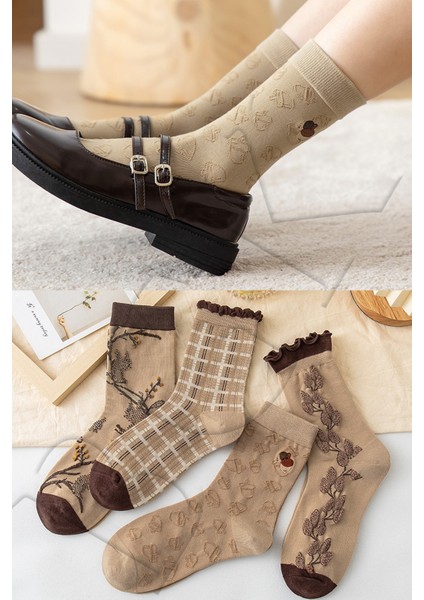 4 Çift Kadın Bej Desenli Çorap
