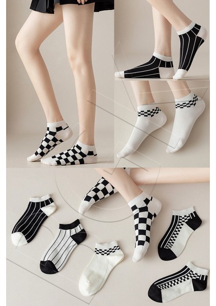 5'li Desenli Beyaz Siyah Kadın Kısa Çorap