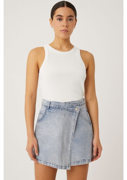 Kadın Denim Çapraz Kapamalı Kot Şort Etek