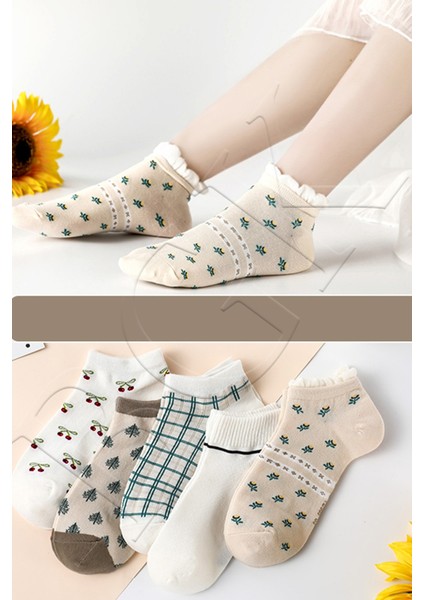 5 Çift Kiraz-Çiçek Desenli Çorap Kc 151015