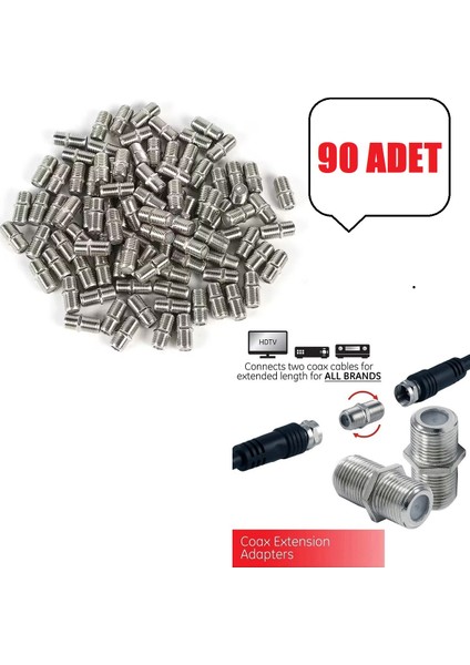 90 Adet Tv Anten Kablo Konnektörü F/f Dişi Rg6 Koaksiyel Kablo Ara Uzatıcı Birleştirici F Konnektörü