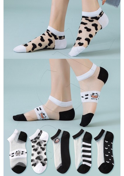 5 Çift Inek Desenli Tül Çorap