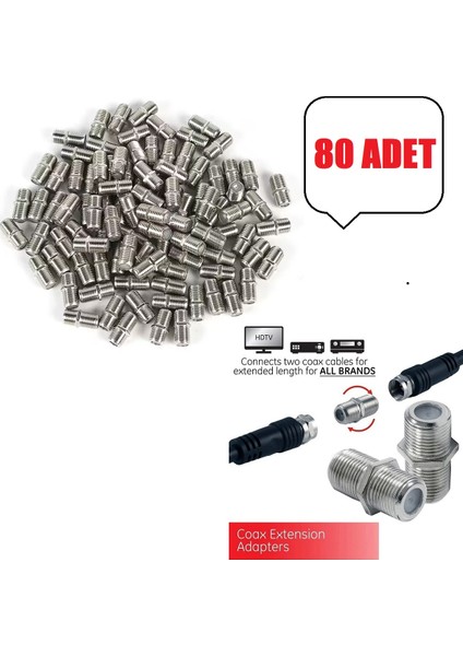 80 Adet Tv Anten Kablo Konnektörü F/f Dişi Rg6 Koaksiyel Kablo Ara Uzatıcı Birleştirici F Konnektörü
