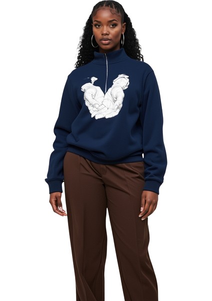 Bej Fermuarlı 3 Iplik Baskılı Sweatshirt