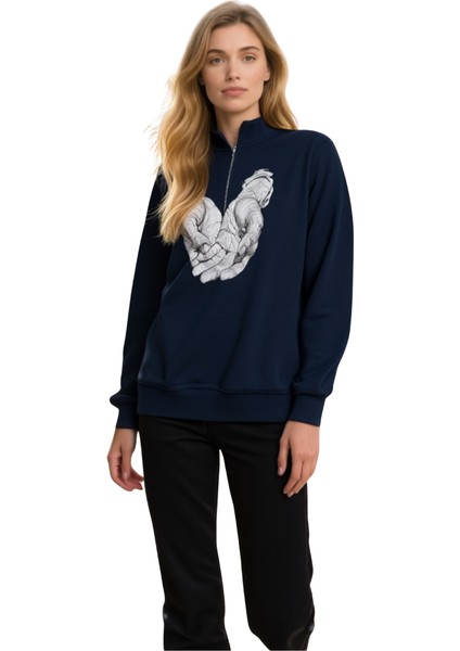 Bej Fermuarlı 3 Iplik Baskılı Sweatshirt fiyatları