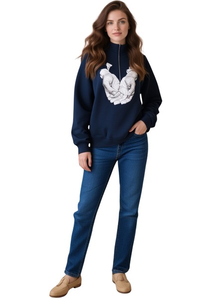 Bej Fermuarlı 3 Iplik Baskılı Sweatshirt