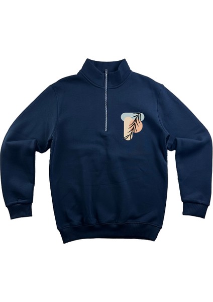 Bej Fermuarlı 3 Iplik Baskılı Sweatshirt
