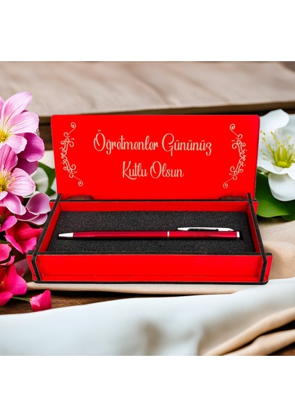 Öğretmenler Günü Tasarımlı Ahşap Kalem Kutusu - Kırmızı