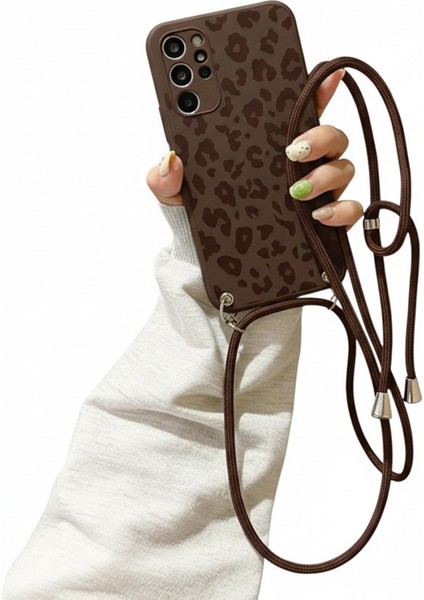 Samsung Galaxy A13 Ile Uyumlu Özel Leopar Tasarımlı Kadife Iç Yüzey Ayarlanabilir Ipli Boyun Askılı Lansman Yumuşak Silikon Telefon Kılıfı -CF01