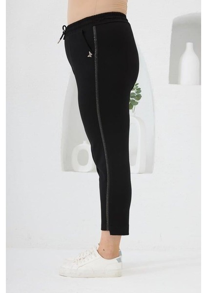 Büyük Beden Şerti Taş Detaylı Eşofman Altı Siyah