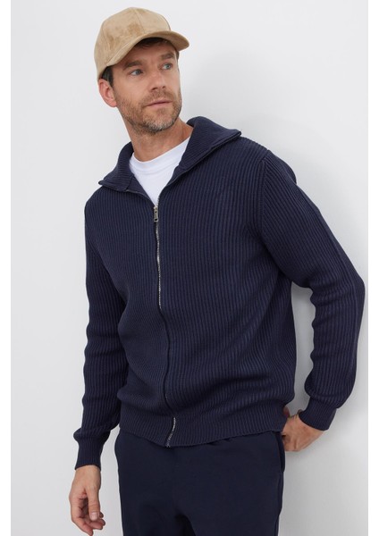 Erkek Slim Fit Dik Yaka Fermuarlı lacivert Düz Hırka